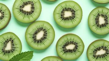 ai generiert Scheiben von Kiwi Obst und Grün Minze Blätter auf ein Licht Pastell- Blau Hintergrund. ai generiert foto