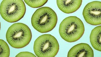 ai generiert Scheiben von Kiwi Obst und Grün Minze Blätter auf ein Licht Pastell- Blau Hintergrund. ai generiert foto