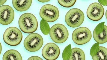 ai generiert Scheiben von Kiwi Obst und Grün Minze Blätter auf ein Licht Pastell- Blau Hintergrund. ai generiert foto