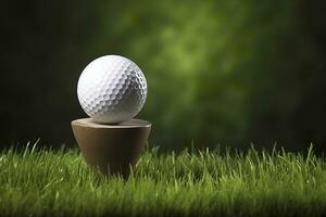 ai generiert Weiß Golf Ball auf hölzern Tee mit Gras. generativ ai foto