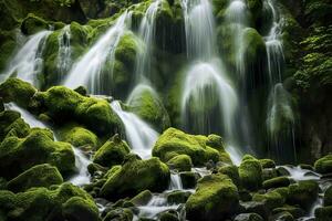 ai generiert Wasserfall Landschaft mit Felsen bedeckt im Grün Moos. ai generiert foto