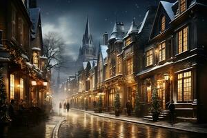 ai generiert Winter Stadtbild Schnee bedeckt Straßen gefüttert mit historisch Gebäude geschmückt mit festlich Beleuchtung und Dekorationen foto