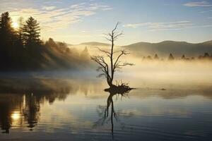 ai generiert Wanakas einsam Weide Baum welche ist gelegen gerade aus von das See Ufer. ai generiert foto