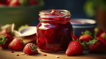 ai generiert Erdbeere Marmelade und frisch Beeren. generativ ai foto