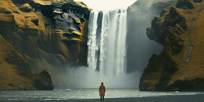 ai generiert Frau mit Blick auf Wasserfall. generativ ai foto