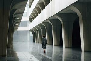 ai generiert Frau Gehen im futuristisch Brutalist Stadt Straße. ai generiert. foto