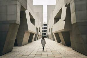 ai generiert Frau Gehen im futuristisch Brutalist Stadt Straße. ai generiert. foto