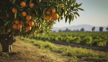 ai generiert ein Orange Baum ist im das Vordergrund mit ein Bauernhof Feld Hintergrund. generativ ai foto