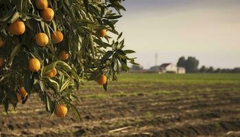 ai generiert ein Orange Baum ist im das Vordergrund mit ein Bauernhof Feld Hintergrund. generativ ai foto