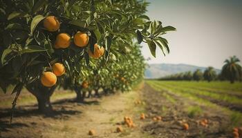 ai generiert ein Orange Baum ist im das Vordergrund mit ein Bauernhof Feld Hintergrund. generativ ai foto