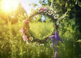 ai generiert rustikal Wildblumen Kranz auf ein sonnig Wiese. Sommer- Sonnenwende Tag, Hochsommer- Konzept. generativ ai foto