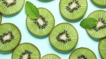 ai generiert Scheiben von Kiwi Obst und Grün Minze Blätter auf ein Licht Pastell- Blau Hintergrund. ai generiert foto