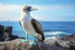 ai generiert das Selten Blaufuß Tölpel ruht auf das Strand. ai generiert foto