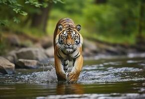 ai generiert Amur Tiger Gehen im das Wasser. gefährlich Tier. Tier im ein Grün Wald Strom. generativ ai foto