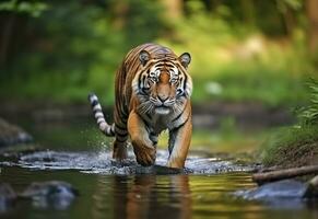 ai generiert Amur Tiger Gehen im das Wasser. gefährlich Tier. Tier im ein Grün Wald Strom. generativ ai foto