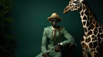 ai generiert Giraffe und afrikanisch Mode Mann im ein Grün passen und ein Hut sitzt im ein Sessel. foto
