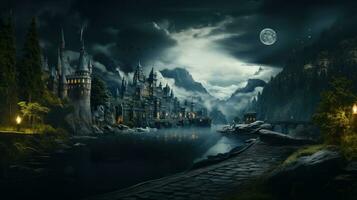 ai generiert Fantasie Landschaft mit majestätisch Schloss mit Brücke und Mond im Nacht Wald. foto