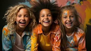 ai generiert aufgeregt Kinder Show aus ihr gemalt Gesichter und Hemden, lächelnd stolz. generativ ai foto