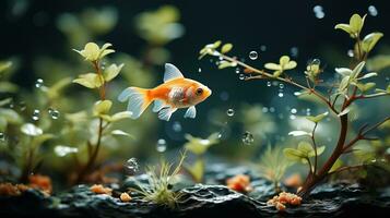 ai generiert Goldfisch schwimmt anmutig unter unterseeisch Pflanzen im Ruhe Gewässer. generativ ai foto