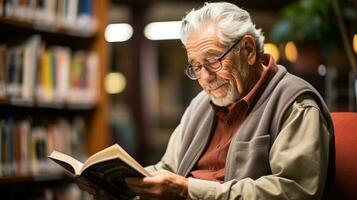 ai generiert ein im Ruhestand Mann im das Bibliothek ist lesen ein Buch aufmerksam im ein ruhig Ecke. generativ ai foto