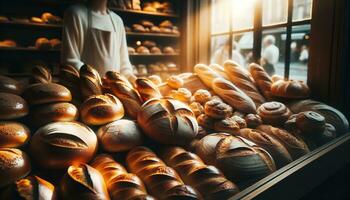 ai generiert frisch gebacken Brot und Gebäck angezeigt im ein Bäckerei Fenster. generativ ai foto