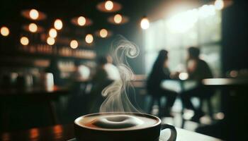 ai generiert verschwommen zahlen von Cafe Kunden im das Hintergrund mit ein heiß Tasse von Kaffee auf das Tisch. generativ ai foto