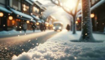 ai generiert ein ruhig Straße bedeckt mit Schnee, mit Sanft Schneeflocken sanft absteigend. generativ ai foto