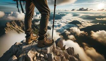 ai generiert ein Wanderer auf oben von das Berg mit ein riesig Meer von Wolken unterhalb. generativ ai foto