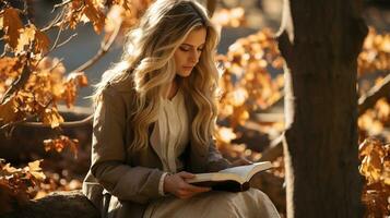 ai generiert Frau Sitzung unter ein Überdachung von Herbst Blätter im das Park, vertieft im ein Buch. generativ ai foto