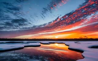 ai generiert ätherisch Eleganz, ein majestätisch Winter Sonnenaufgang Decke ein gefroren Sumpfland im golden Farbtöne foto