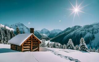 ai generiert Einsamkeit umarmen, ein Winter Wunderland enthüllt ein gemütlich Log Kabine im der Natur Umarmung foto