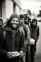 ai generiert lächelnd obdachlos Mann Essen kostenlos Essen im ein Straße Kantine foto