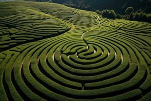 Tee Feld Plantage Labyrinth Hintergrund. Foto Schuss von ein Drohne zu Felder mit Tee