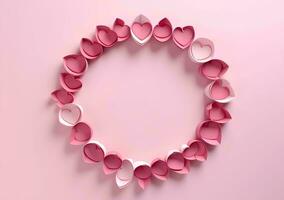 ai generiert Valentinsgrüße Tag Hintergrund mit Rosa Herzen und Herz rahmen. 3d Rendern Liebe foto