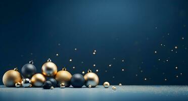 ai generiert fröhlich Weihnachten und glücklich Neu Jahr Hintergrund mit Gold und Blau Kugeln und Geschenk Boxen. 3d Rendern foto