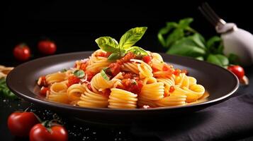 ai generiert Pasta mit Tomate Soße und Basilikum Blätter auf ein schwarz Hintergrund foto