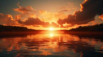 ai generiert Sonnenuntergang Über das Wasser mit Wolken und Bäume foto