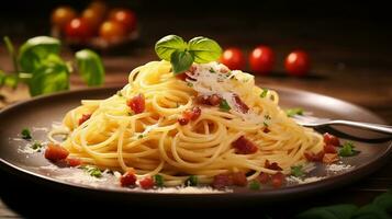ai generiert Pasta mit Tomaten und Basilikum auf ein Teller foto