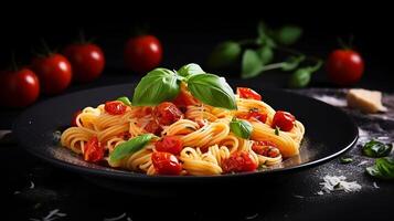 ai generiert Pasta mit Tomaten und Basilikum auf ein Teller foto