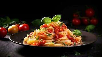 ai generiert Pasta mit Tomate Soße und Basilikum Blätter auf ein schwarz Hintergrund foto