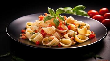 ai generiert Pasta mit Tomate Soße und Basilikum Blätter auf ein schwarz Hintergrund foto