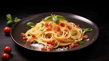 ai generiert Pasta mit Tomate Soße und Basilikum Blätter auf ein schwarz Hintergrund foto