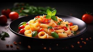 ai generiert Pasta mit Tomate Soße und Basilikum Blätter auf ein schwarz Hintergrund foto