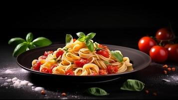 ai generiert Pasta mit Tomate Soße und Basilikum Blätter auf ein schwarz Hintergrund foto