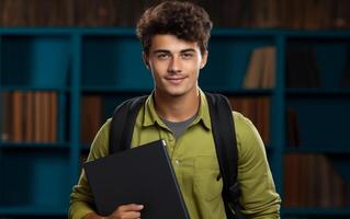 ai generiert Schüler lächelnd mit Schule Tasche und Notizbuch foto