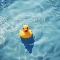 ai generiert gelb Gummi Ente schwebend auf Blau Wasser im ein Schwimmbad auf ein heiß Sommer- Tag, nehmen ein Bad und Schwimmen foto