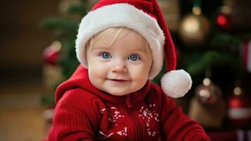 ai generiert ein süß wenig Baby geschmückt im ein festlich Santa claus Kleidung foto