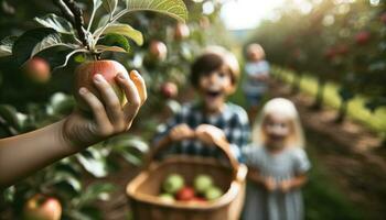 ai generiert Kinder pflücken Äpfel im das Obstgarten. generativ ai foto