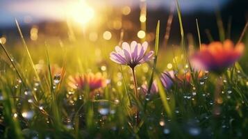 ai generiert schön Blumen im das Gras beim Sonnenuntergang, Erstellen ein malerisch Szene von der Natur beschwingt Farben und heiter Ambiente. generativ ai foto