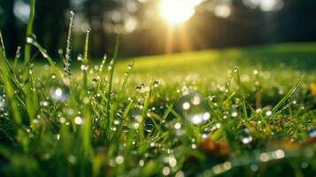 ai generiert Grün Gras mit Tau Tropfen glitzernd im das Sonnenlicht, Erstellen ein erfrischend und beschwingt Szene von der Natur Schönheit. generativ ai foto